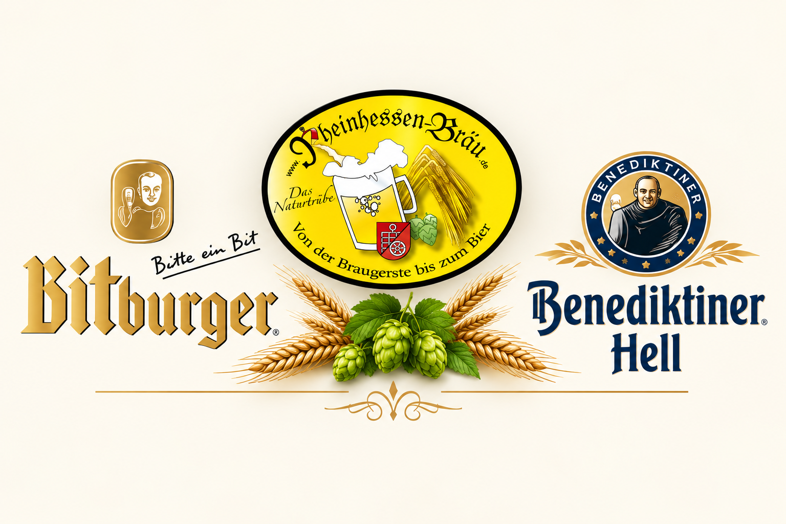 Logos von Bitburger, Benediktiner und Rheinhessen-Bräu